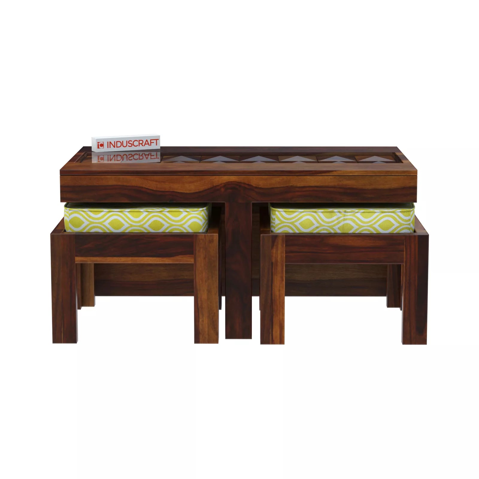 Antilia Modern Sheesham Wood Coffee Table with 2 Stools in a white background