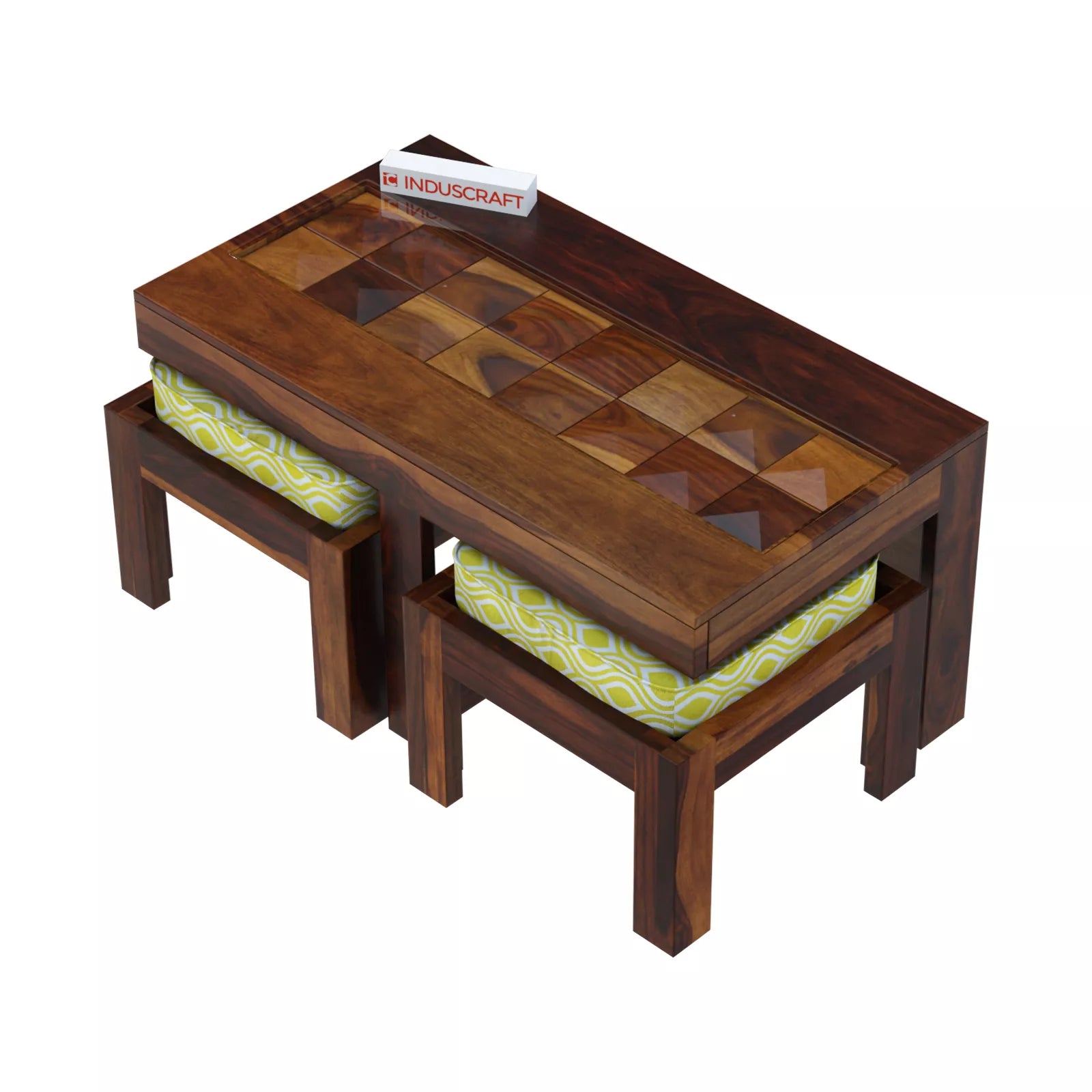 Antilia Modern Teak Sheesham Wood Coffee Table with 2 Stools