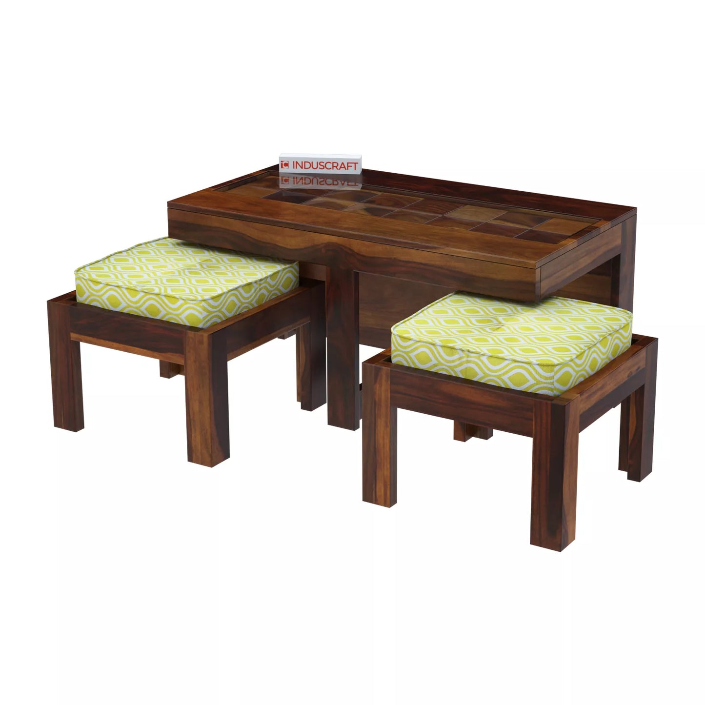 Antilia Modern Teak Sheesham Wood Coffee Table with 2 Stools