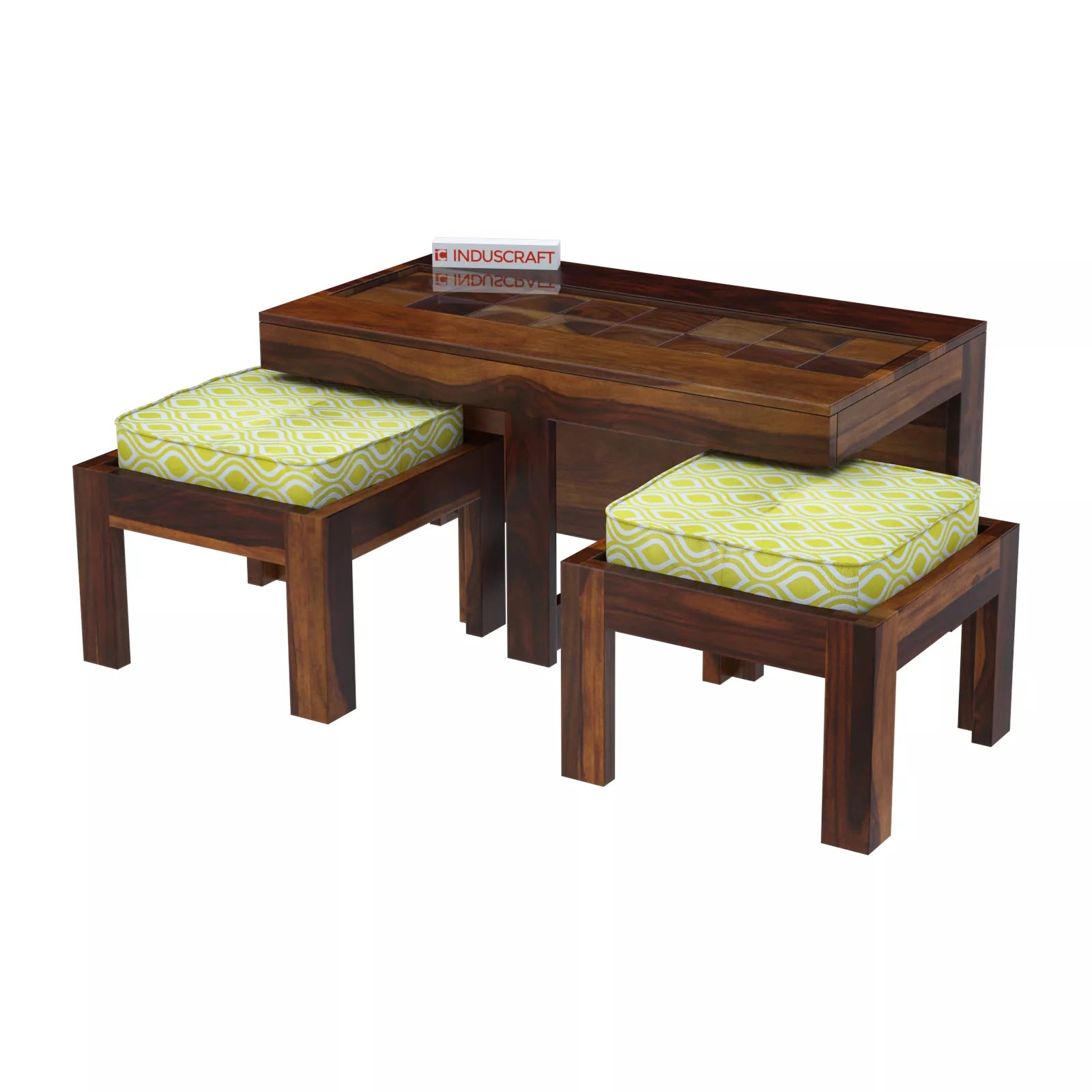 Antilia Modern Sheesham Wood Coffee Table with 2 Stools in a white background