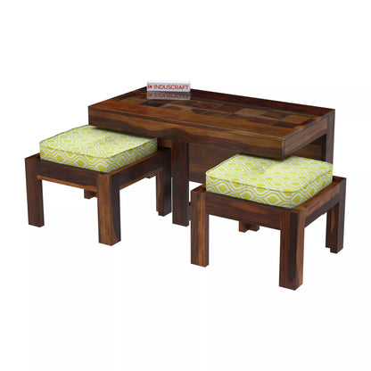 Antilia Modern Teak Sheesham Wood Coffee Table with 2 Stools