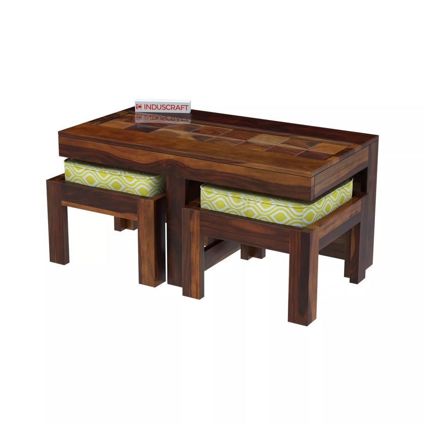 Antilia Modern Teak Sheesham Wood Coffee Table with 2 Stools