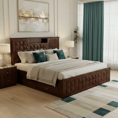 Antilla Deux Solid Sheesham Wood Bed With Geometric Blockwork