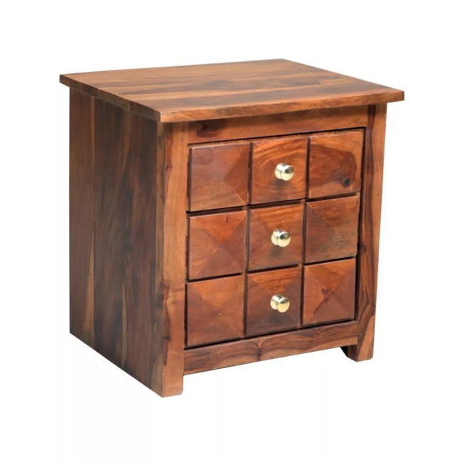 Wooden nightstand with 3 drawers on a white background