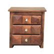 Wooden nightstand with three drawers and brass knobs on a white background