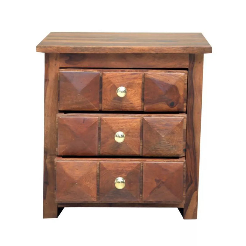 Wooden nightstand with three drawers and brass knobs on a white background