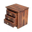 Wooden nightstand with three drawers on a white background