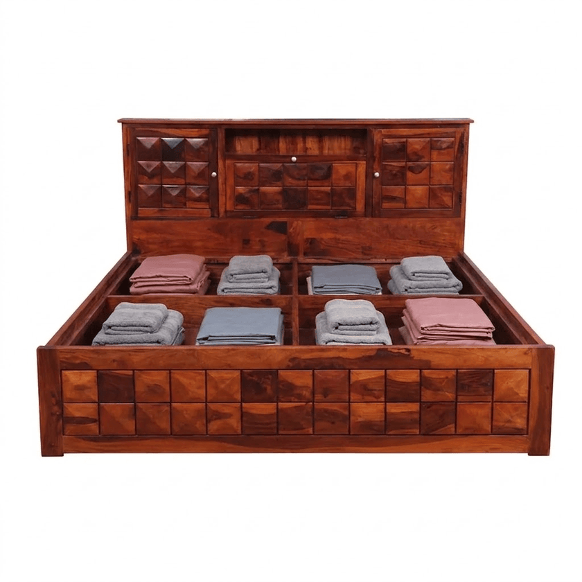 Antilla Deux Solid Sheesham Wood Box Storage Bed With Geometric Blockwork.png