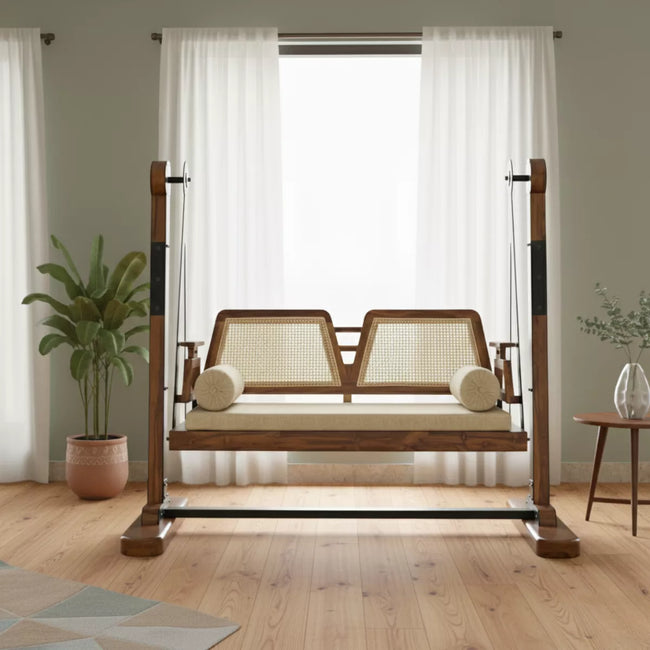 Arden Handcrafted Wooden Swing with Cane Backrest - Induscraft