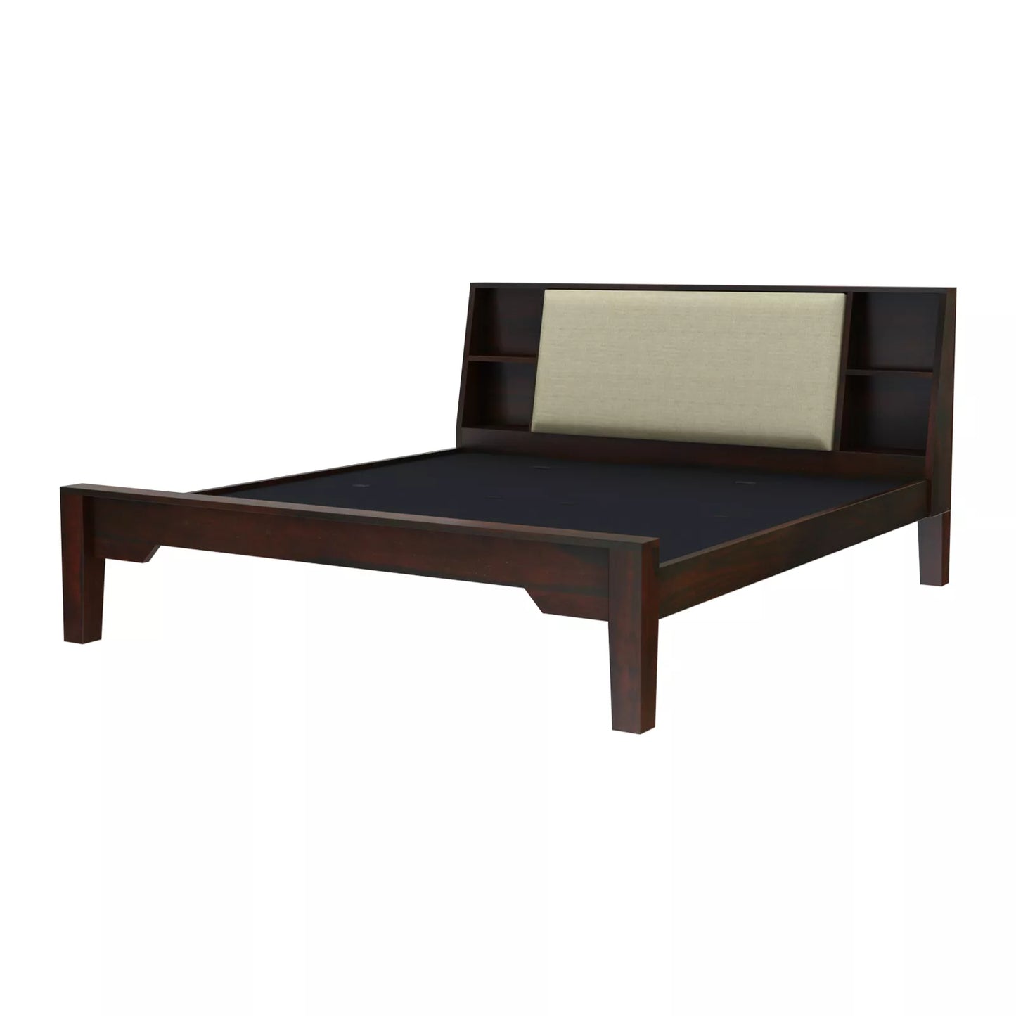 Arvaya Sheesham Wood Modern Low Platform Bed with Upholstered Headboard