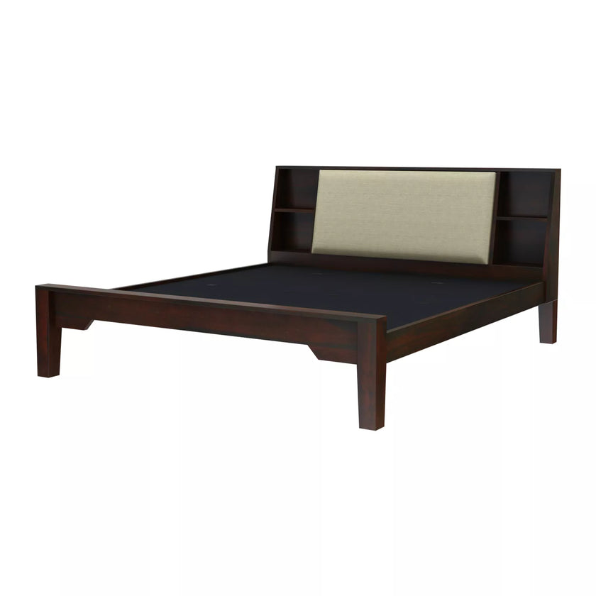Wooden bed frame with a beige upholstered headboard on a white background