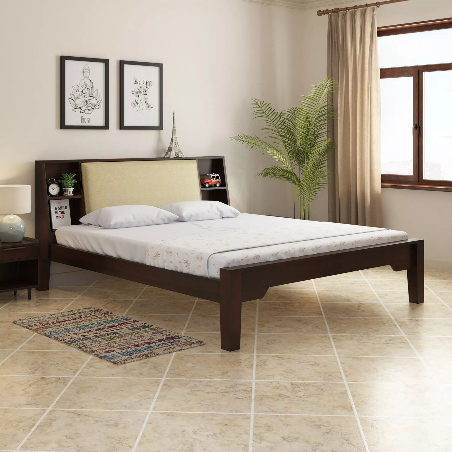 Arvaya Sheesham Wood Modern Low Platform Bed with Upholstered Headboard