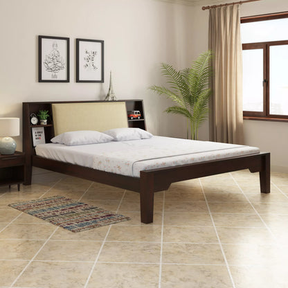 Arvaya Sheesham Wood Modern Low Platform Bed with Upholstered Headboard