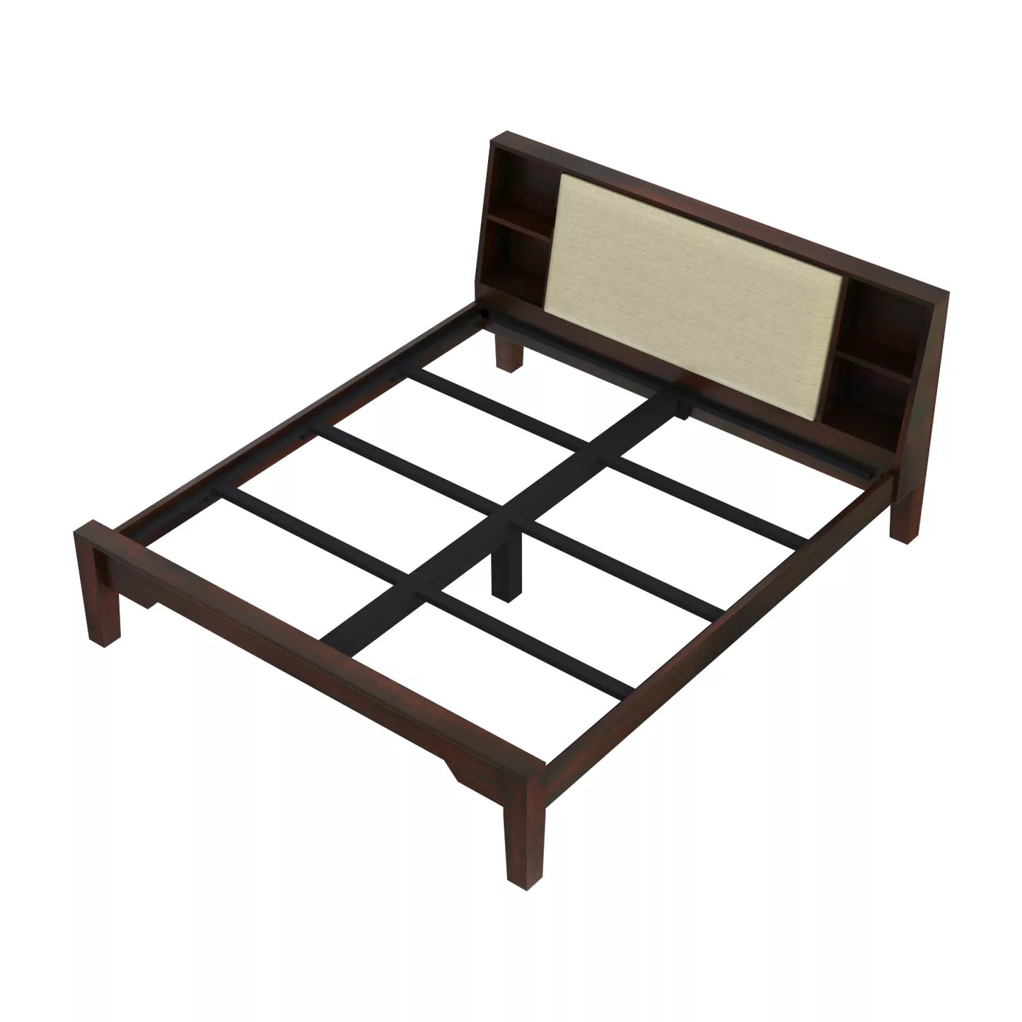 Arvaya Sheesham Wood Modern Low Platform Bed with Upholstered Headboard