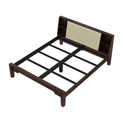 Arvaya Sheesham Wood Modern Low Platform Bed with Upholstered Headboard