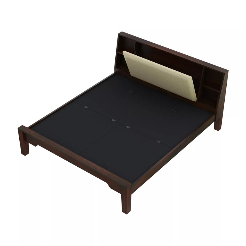 Arvaya Sheesham Wood Modern Low Platform Bed with Upholstered Headboard