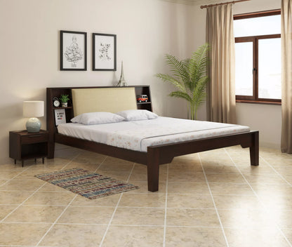 Arvaya Sheesham Wood Modern Low Platform Bed with Upholstered Headboard