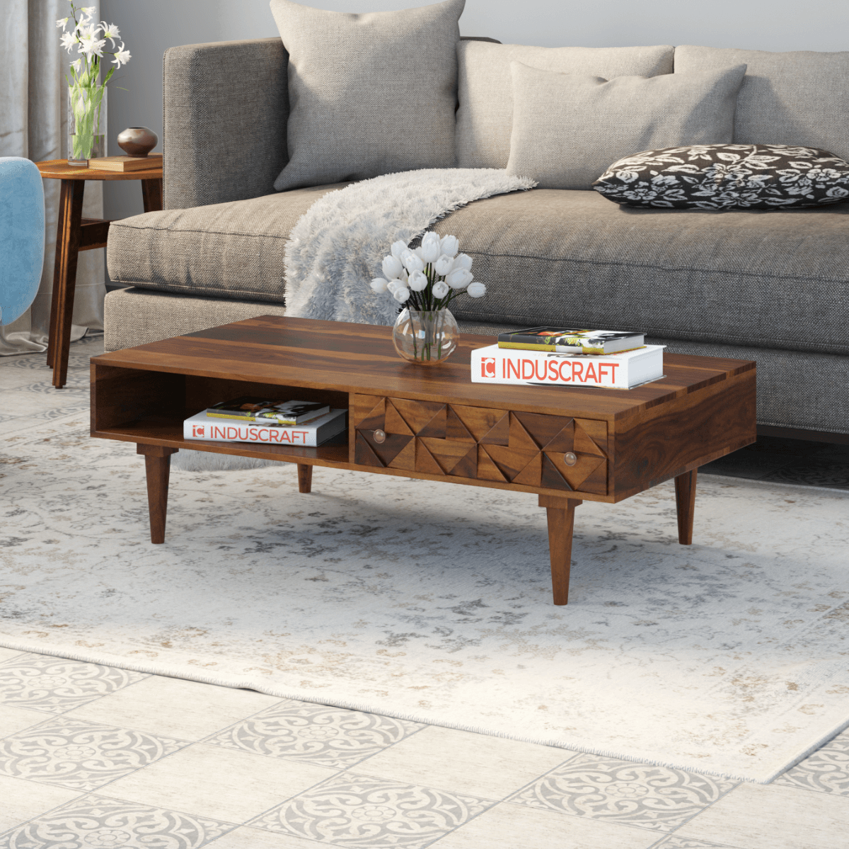 Ashley Rectangular Sheesham Carved Wood Coffee Table with Drawer and Shelf