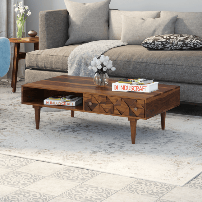 Ashley Rectangular Sheesham Carved Wood Coffee Table with Drawer and Shelf