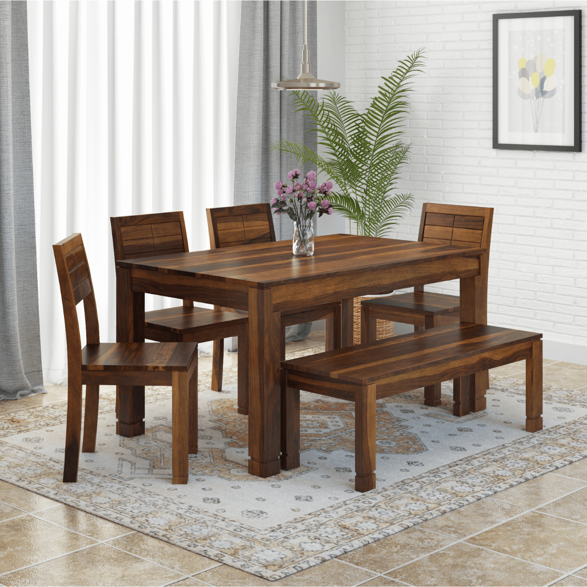 Gangam Modern Sheesham Wood 6 Seater Dining Set with Bench