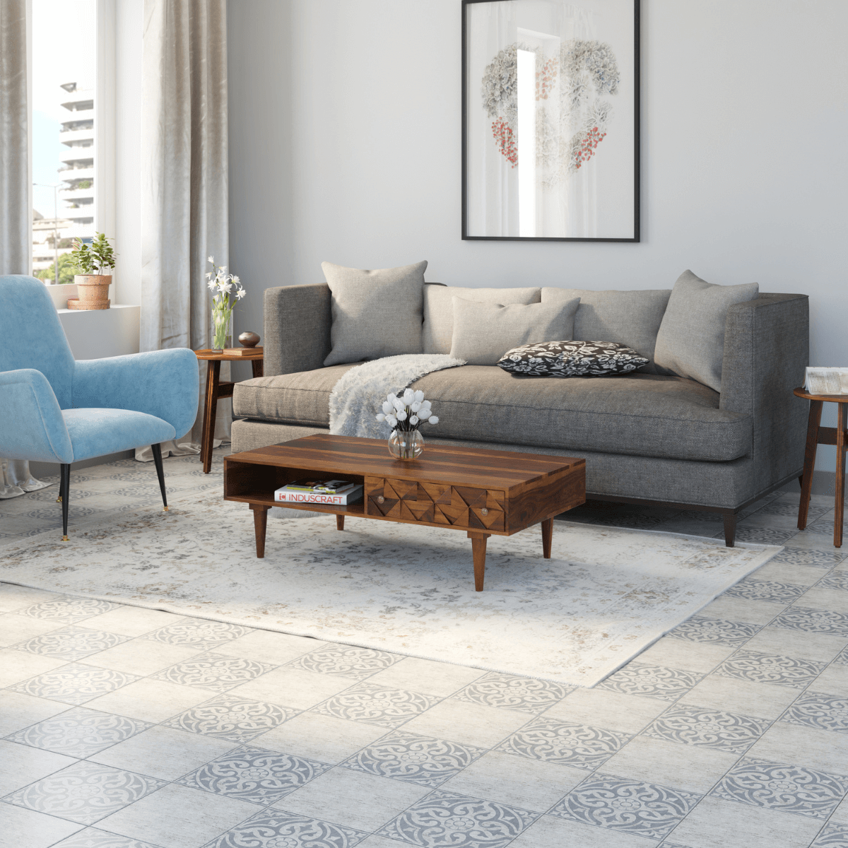 Ashley Rectangular Sheesham Carved Wood Coffee Table with Drawer and Shelf