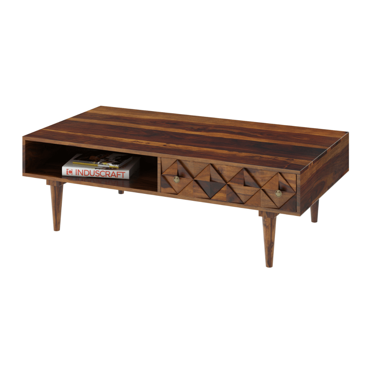 Wooden coffee table with geometric design on a white background