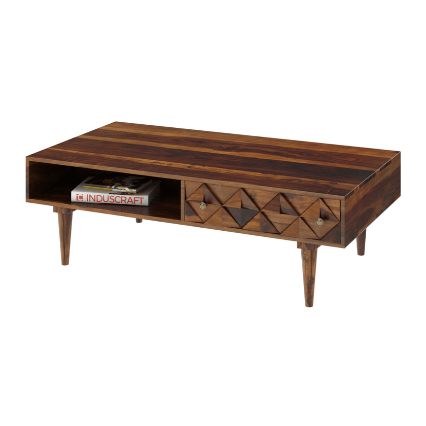 Wooden coffee table with geometric design on a white background