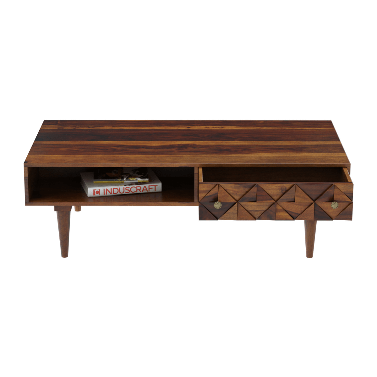 Ashley Rectangular Sheesham Carved Wood Coffee Table with Drawer and Shelf