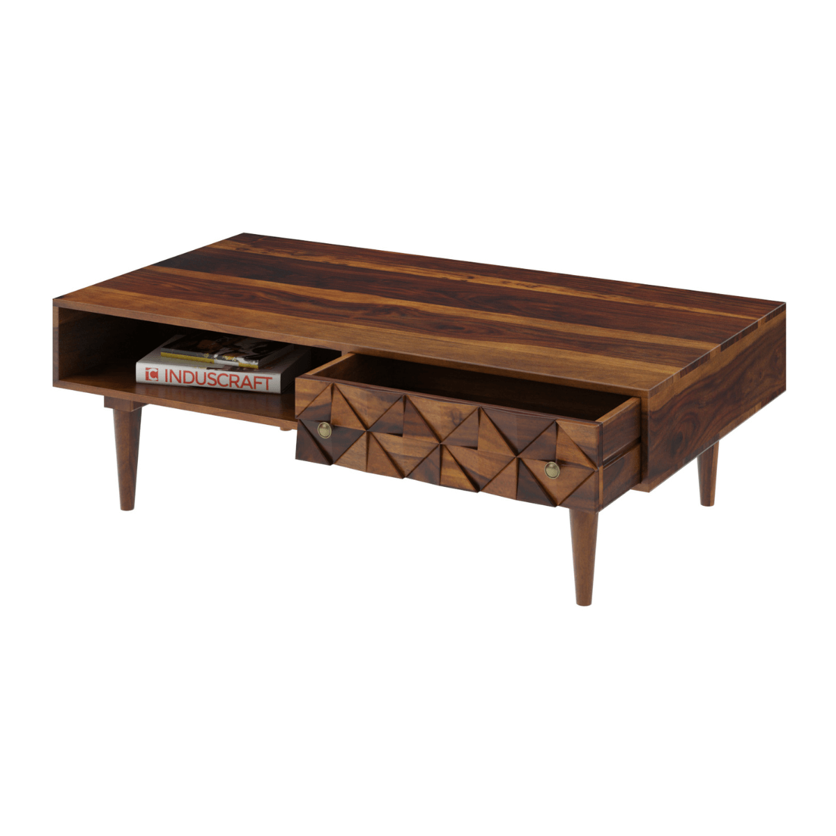 Wooden coffee table with geometric drawer design on a white background