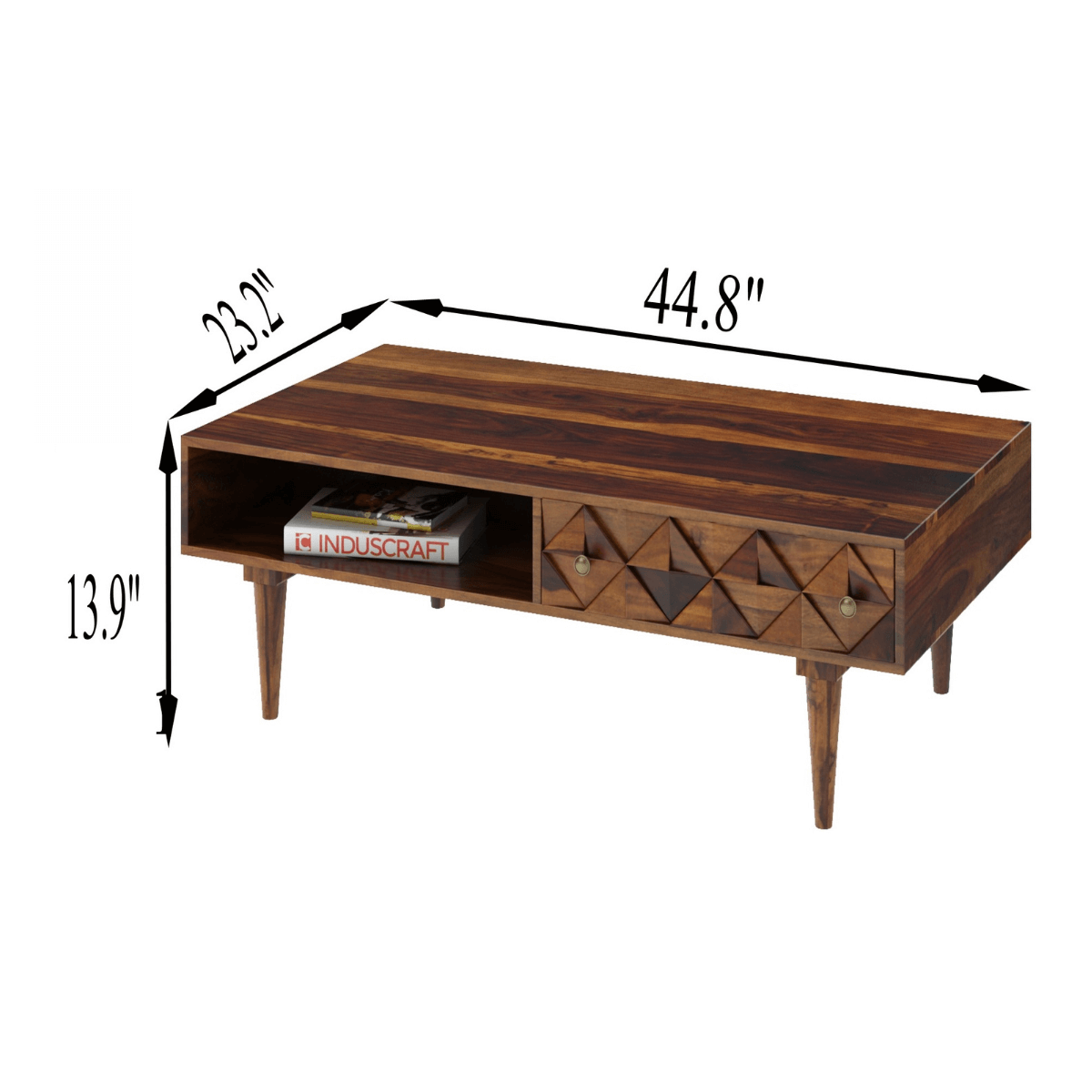 Ashley Rectangular Sheesham Carved Wood Coffee Table with Drawer and Shelf - Induscraft