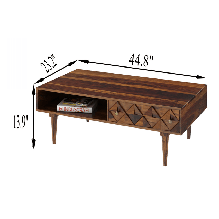 Ashley Rectangular Sheesham Carved Wood Coffee Table with Drawer and Shelf - Induscraft