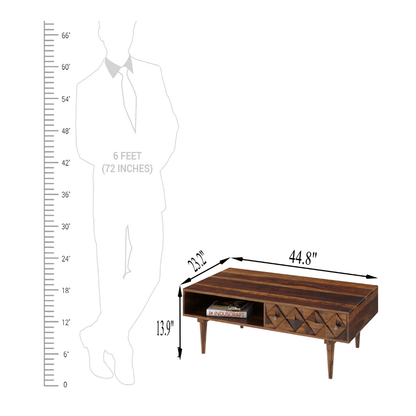 Ashley Rectangular Sheesham Carved Wood Coffee Table with Drawer and Shelf