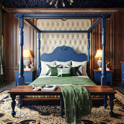 Asteroid Sheesham 4 Piece Canopy Bed Set with Bedside Tables and Bench