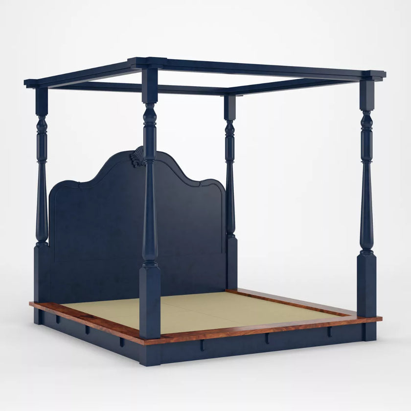 Navy blue four-poster bed with a wooden base on a white background