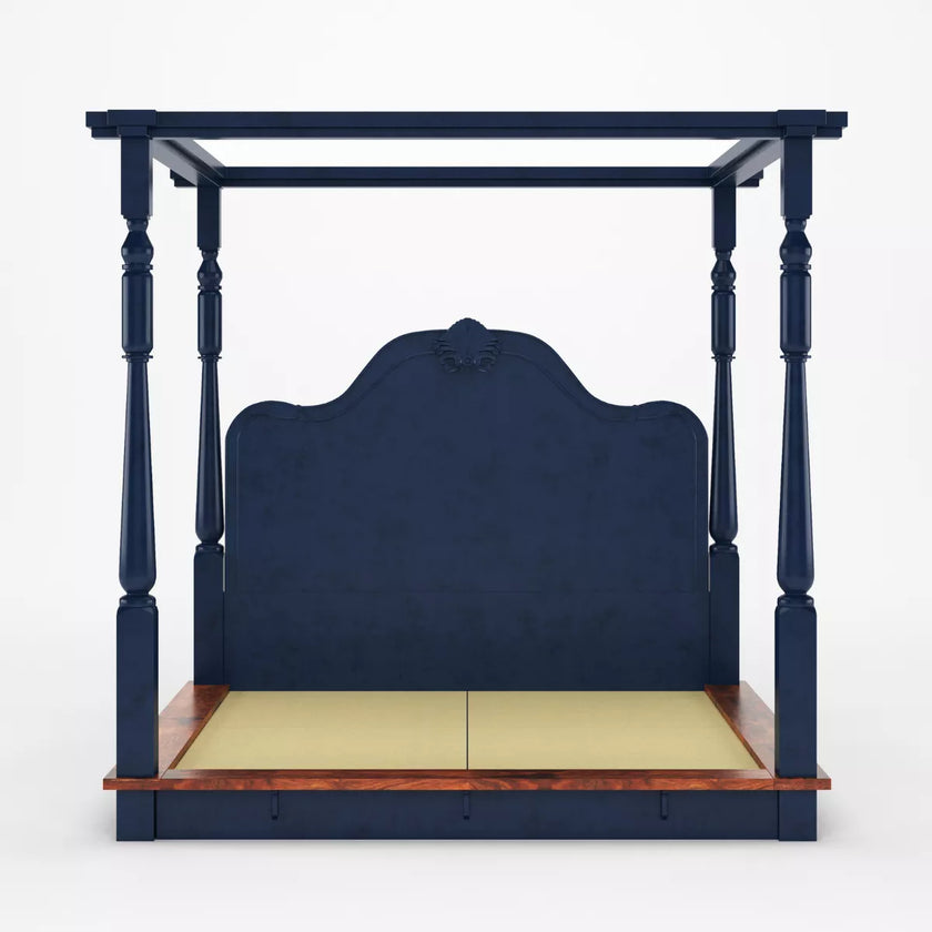Navy blue four-poster bed with a wooden base on a white background