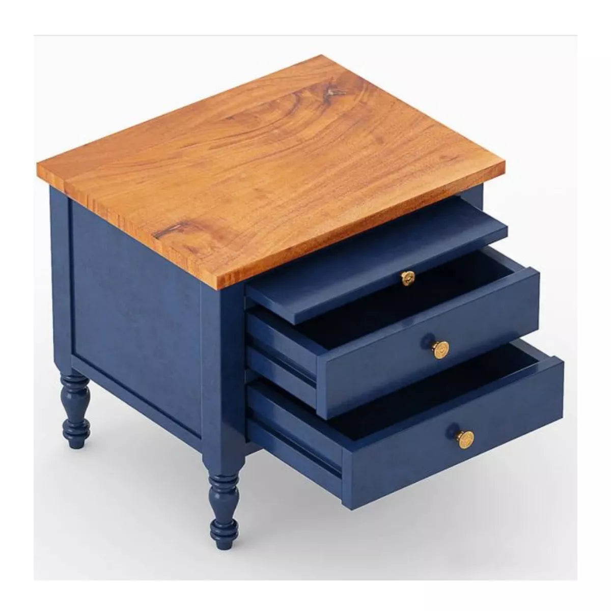 Navy blue cabinet with wooden top and open drawers on a white background