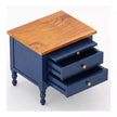 Navy blue cabinet with wooden top and open drawers on a white background