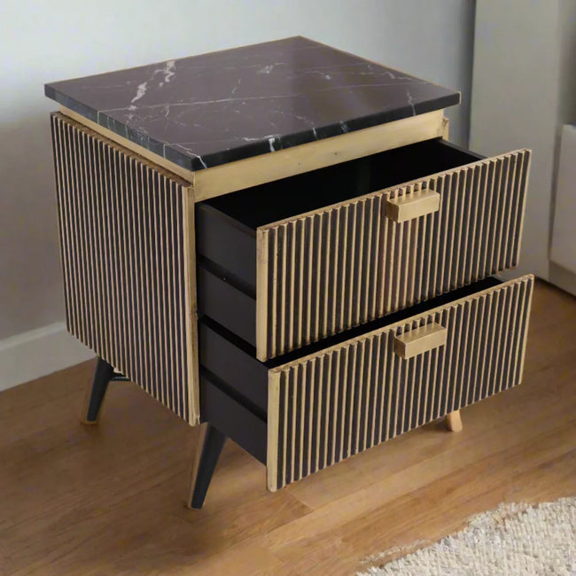 Modern nightstand with marble top and ribbed side panels