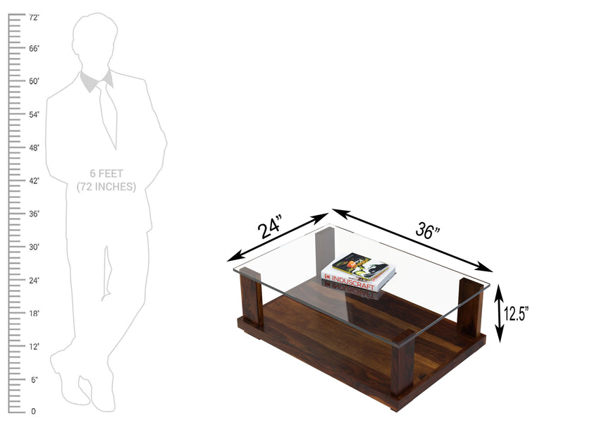 Aeron Modern Rectangular Sheesham Wood Coffee Table with Glass Top - Induscraft
