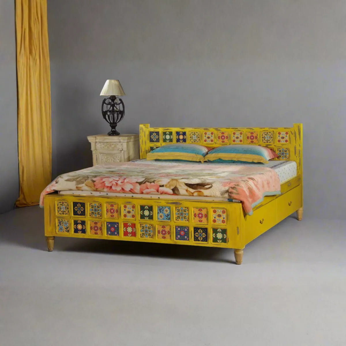 Bohemian Solid Wood Artistic Floral Motif Bed in Yellow Finish