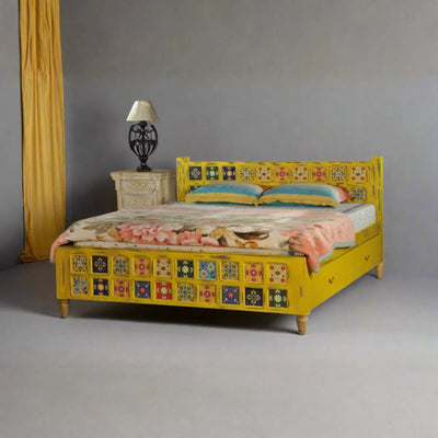 Bohemian Solid Wood Artistic Floral Motif Bed in Yellow Finish