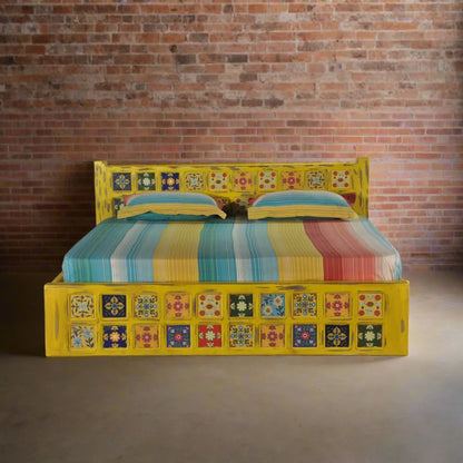 Bohemian Solid Wood Artistic Floral Motif Bed in Yellow Finish