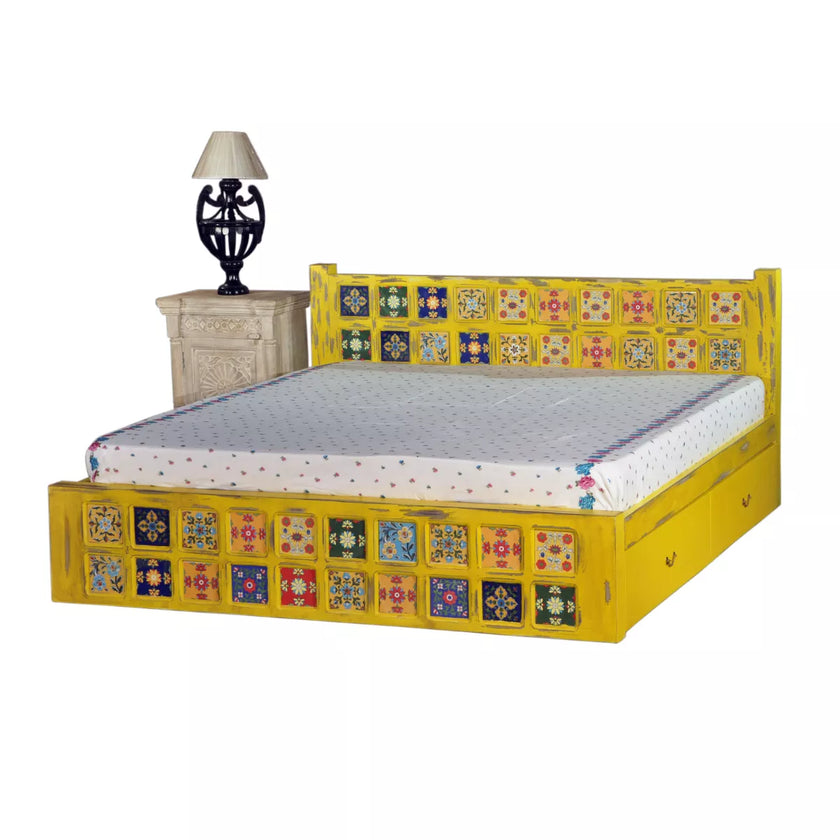 Bohemian Solid Wood Artistic Floral Motif Bed in Yellow Finish