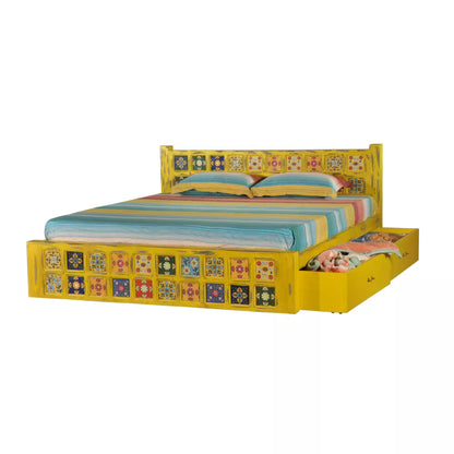 Bohemian Solid Wood Artistic Floral Motif Bed in Yellow Finish