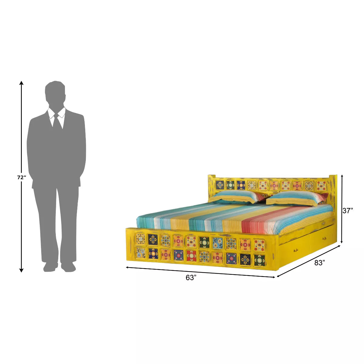 Bohemian Solid Wood Artistic Floral Motif Bed in Yellow Finish