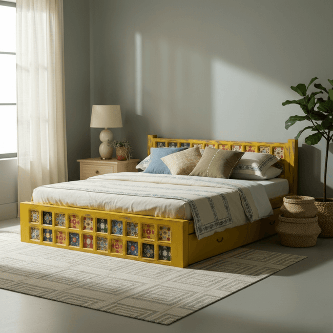 Bohemian Solid Wood Artistic Floral Motif Bed in Yellow Finish
