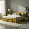 Bohemian Solid Wood Artistic Floral Motif Bed in Yellow Finish