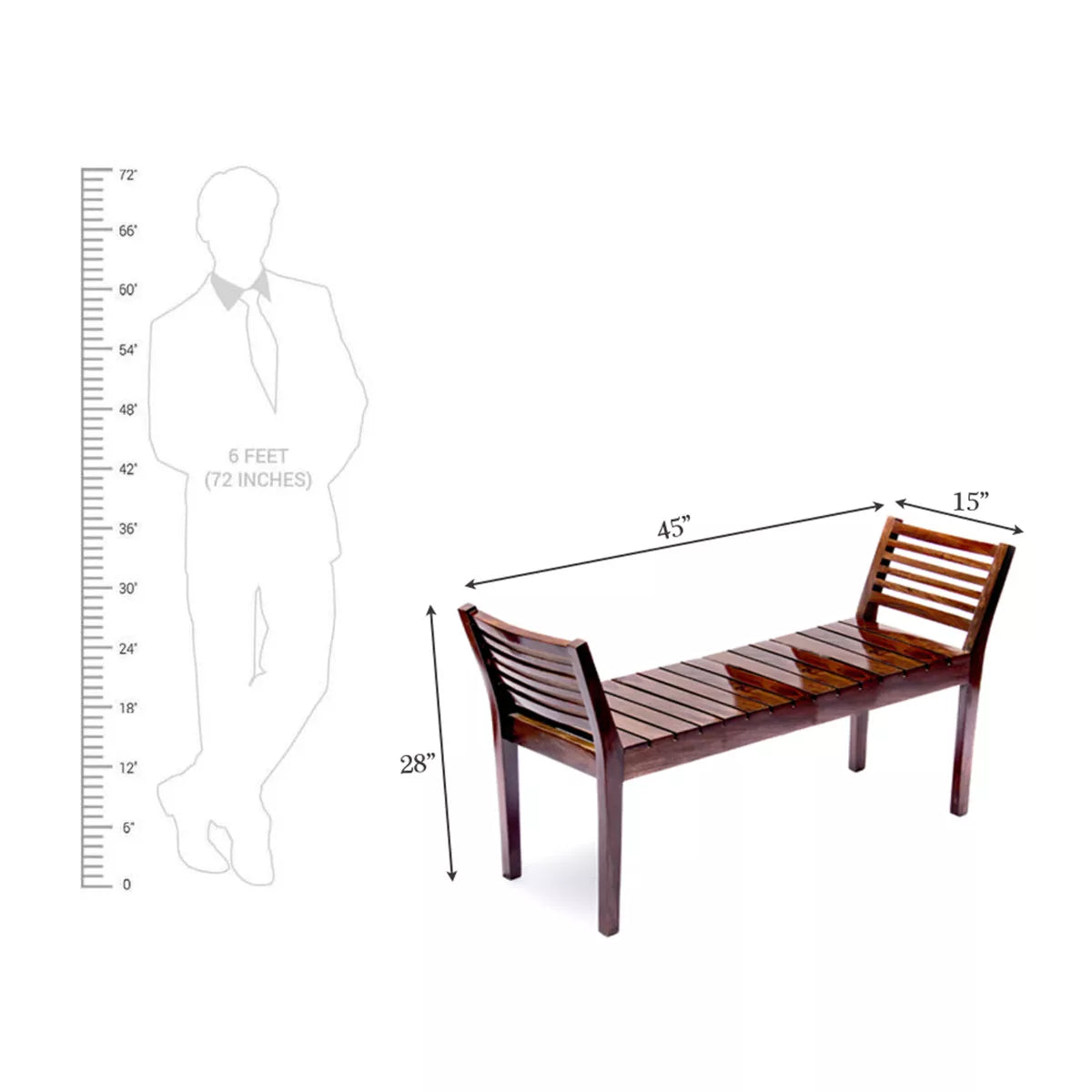Wooden bench with dimensions labeled on a white background