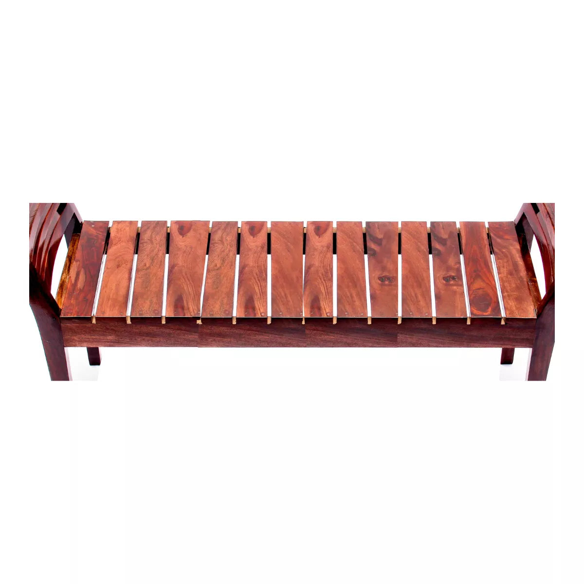 Wooden bench with slatted design on a white background