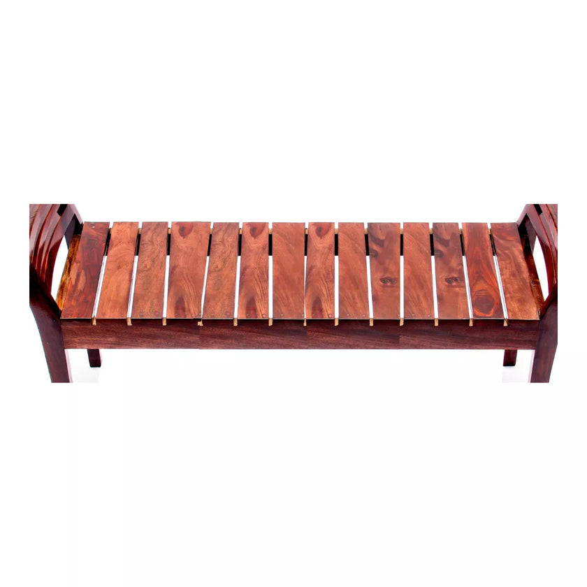 Wooden bench with slatted design on a white background